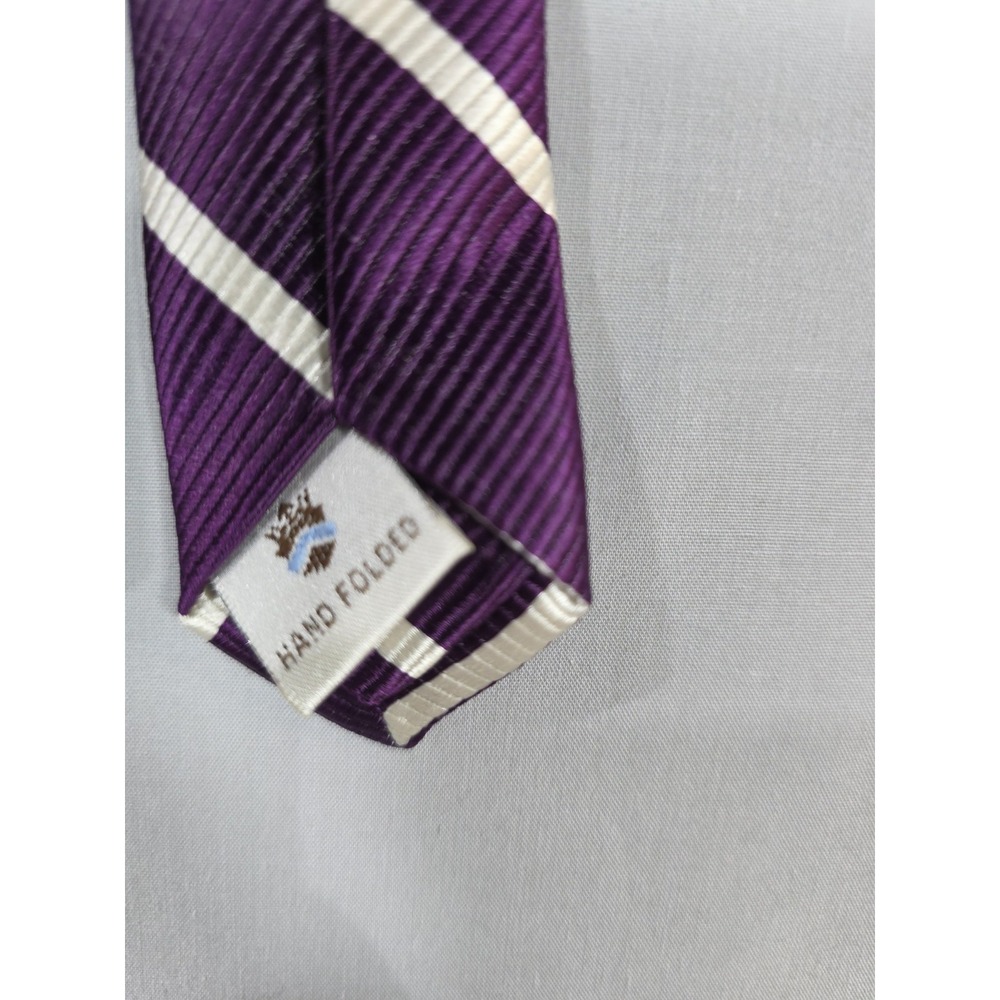 Peter Millar Purple White Diagonal Stripe Silk Tie Hand Folded Luxury Neck - Picture 2 of 7